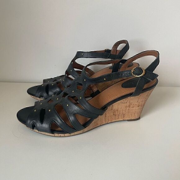 Clarks Artisan Wedge Heels Black Leather Sandals Slingback Size 10 Shoes - Picture 4 of 11